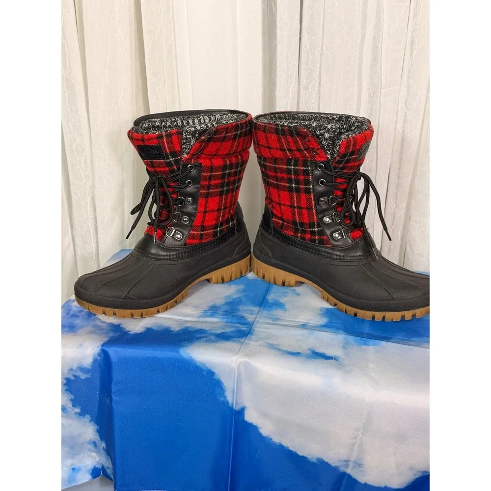 Aleader Womens Red Plaid Duck Boots Black Waterproof Winter Snow Boots Size 9